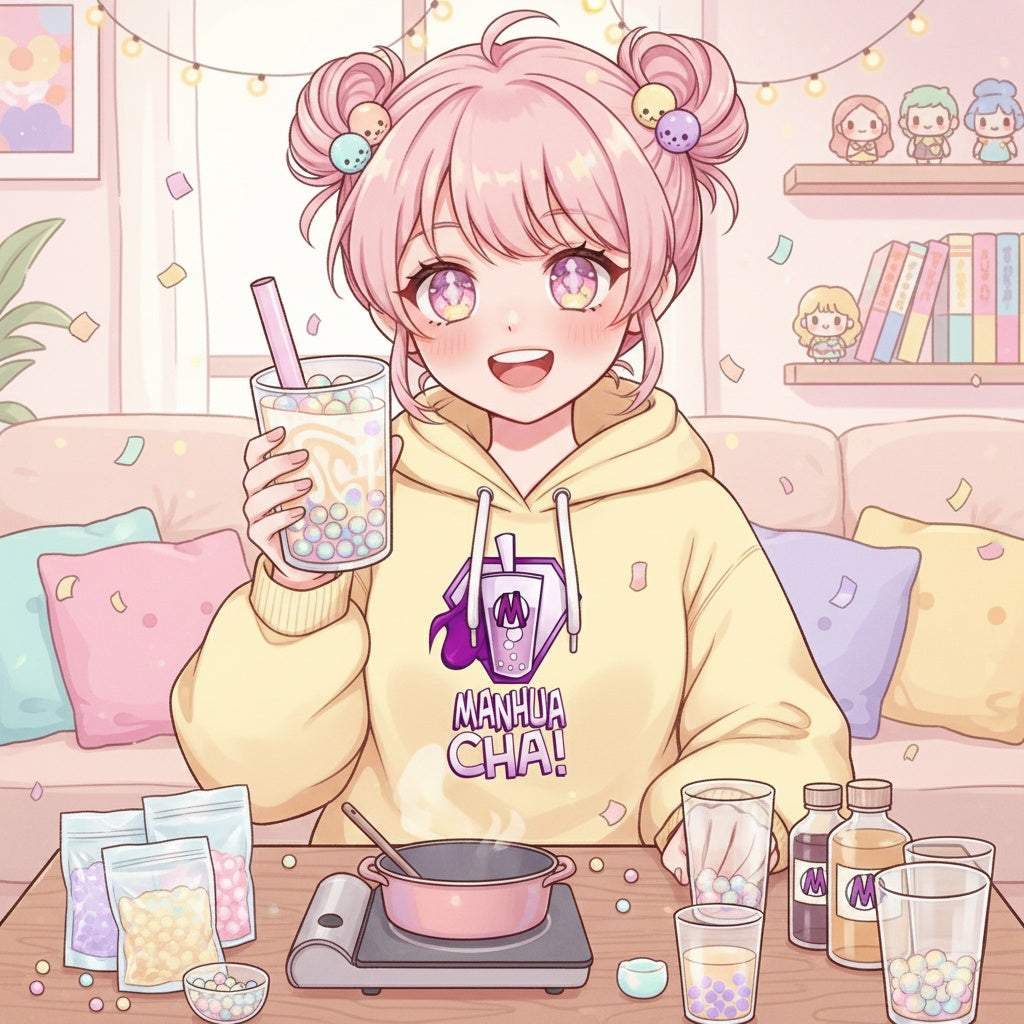 Anime character with pink hair holding a bubble tea, sitting at a table with tea-making supplies.